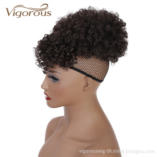 Vigorous Wholesale Heat Resistant Fiber Kinky Curly Ponytail With Bangs Hair Extension For Black Women Synthetic Afro Hair Bun